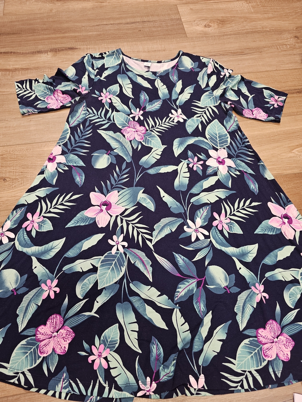 Old Navy Navy Floral Midi Dress with Pink & Teal Leaves